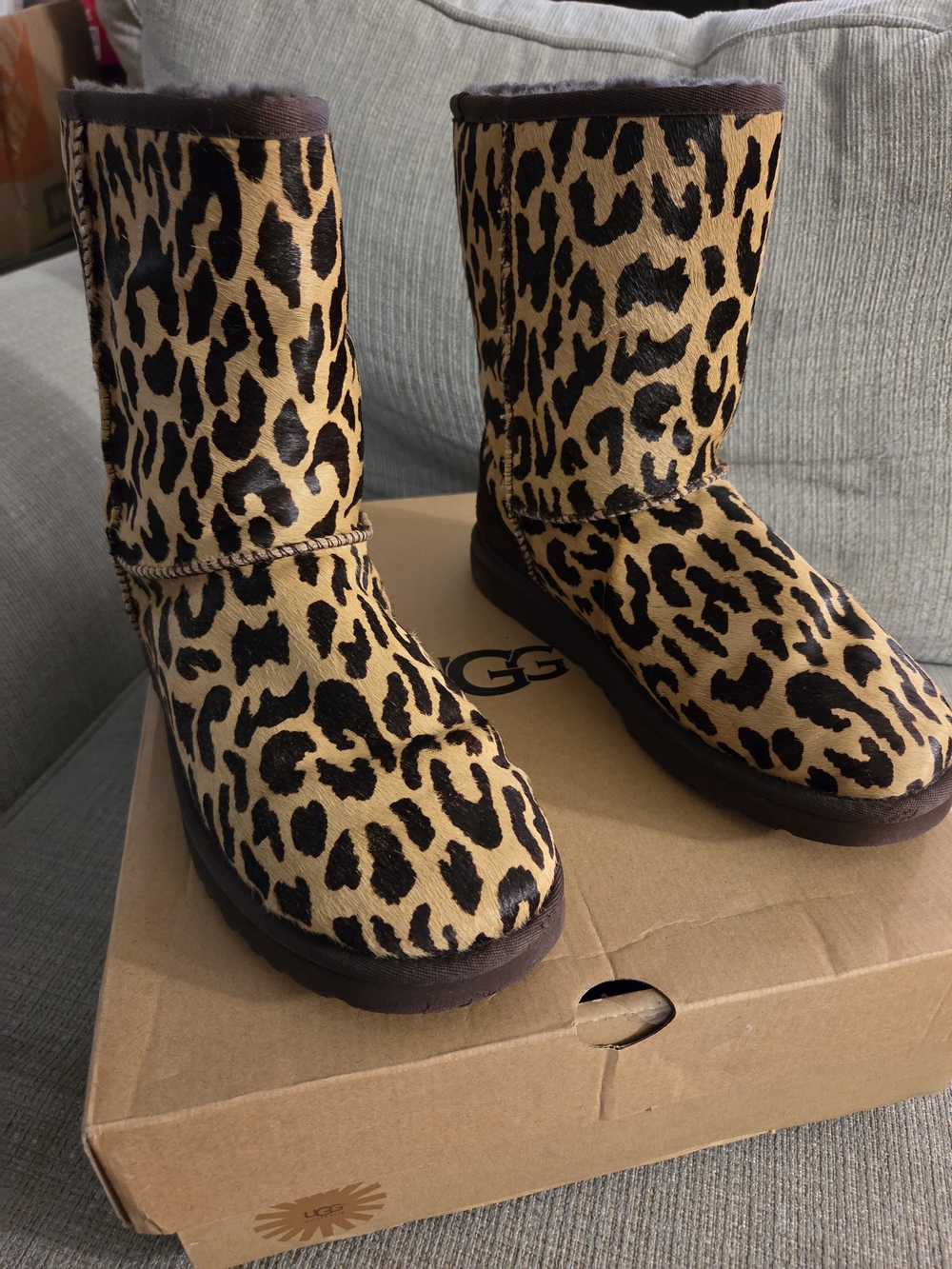 UGG Leopard Print Shearling Mid-Calf Slippers in Tan and Black